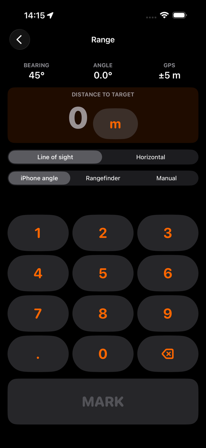 The range entry screen: bearing 45 degrees, angle 0.0 degrees and GPS plus or minus 5 metres across the top, a large distance field reading 0 m, switches for line of sight or horizontal and for the angle source, and a large numeric keypad.