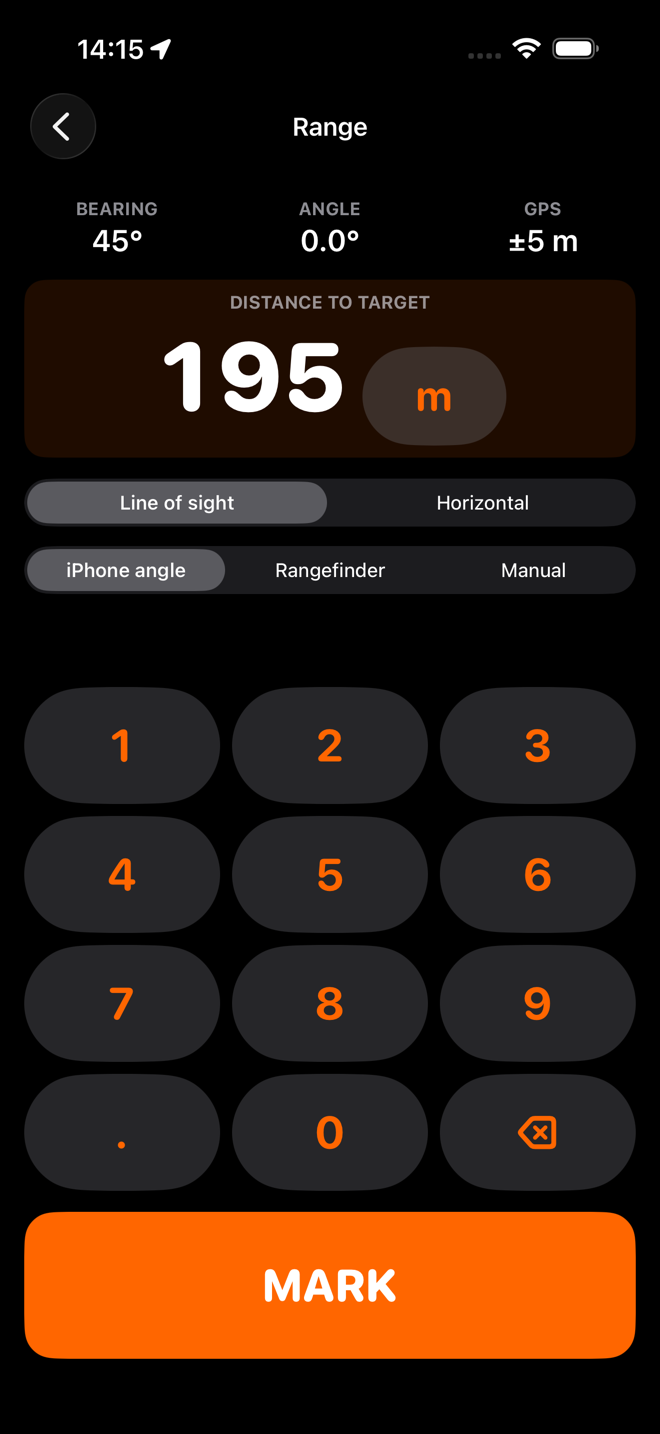 The range entry screen with a large keypad, 195 m entered, and toggles for line of sight or horizontal range.