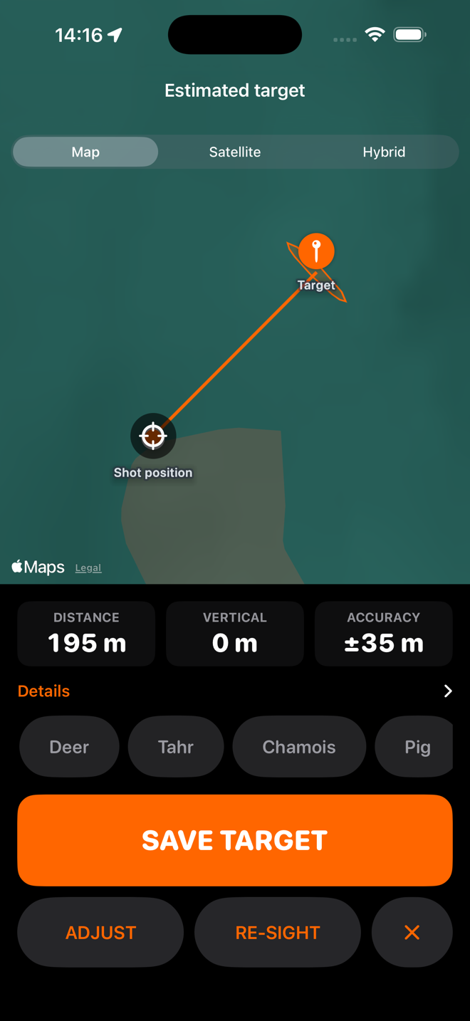 The confirmation screen: a map showing the shot position, an orange line to the target pin and an uncertainty ellipse, with tiles reading 195 m distance, 0 m vertical and plus or minus 35 m accuracy, above quick species labels and a SAVE TARGET button.