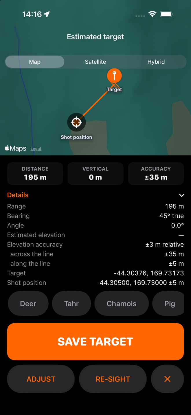 The confirmation screen with Details expanded, showing range 195 m, bearing 45 degrees true, angle 0.0 degrees, estimated elevation shown as a dash, elevation accuracy plus or minus 3 m relative, across the line plus or minus 35 m, along the line plus or minus 5 m, and both coordinates.