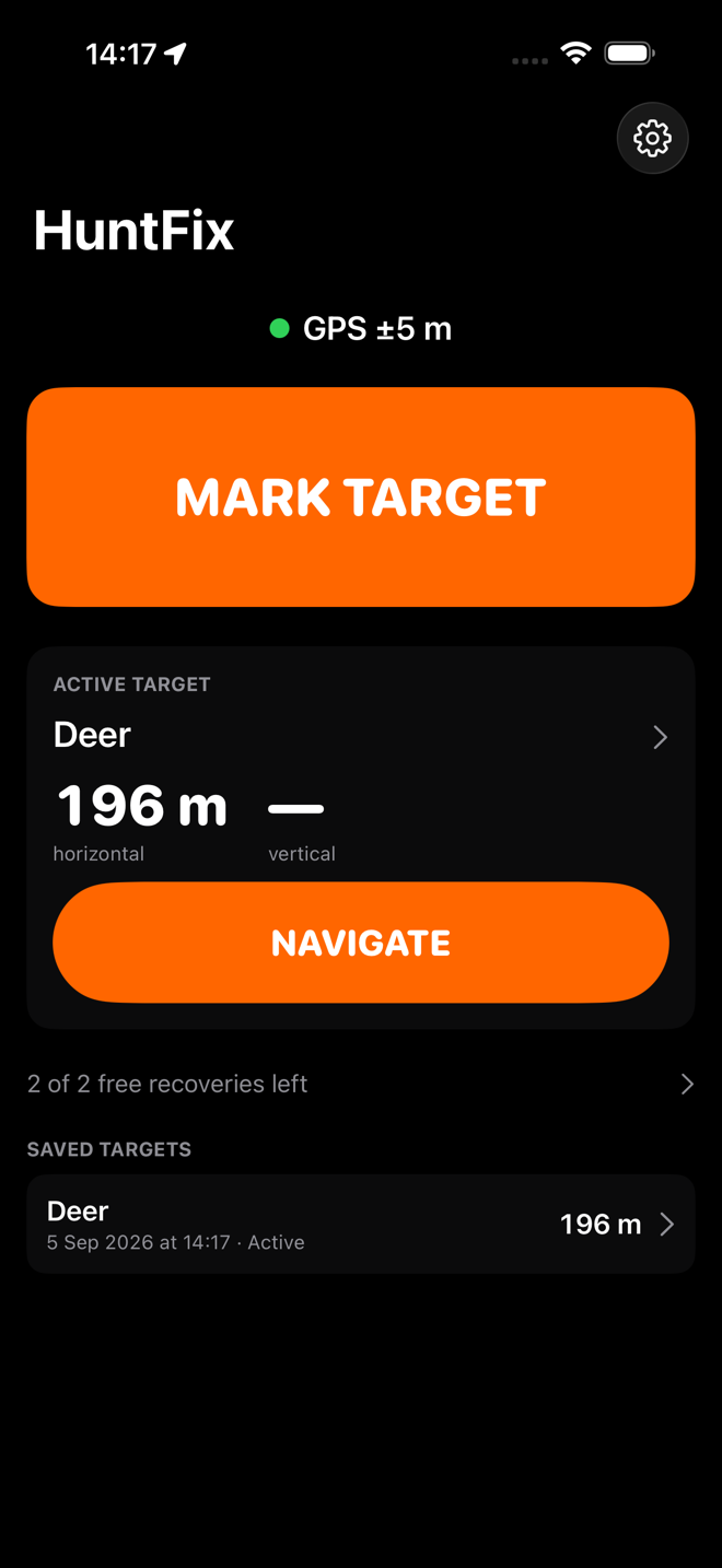 The home screen with an active target called Deer at 194 metres horizontal, a dash for vertical, and a NAVIGATE button.