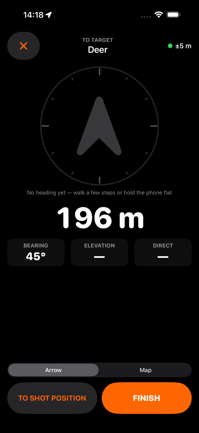 The navigation screen with a grey arrow, the note no heading yet, walk a few steps or hold the phone flat, and 194 metres to the target.