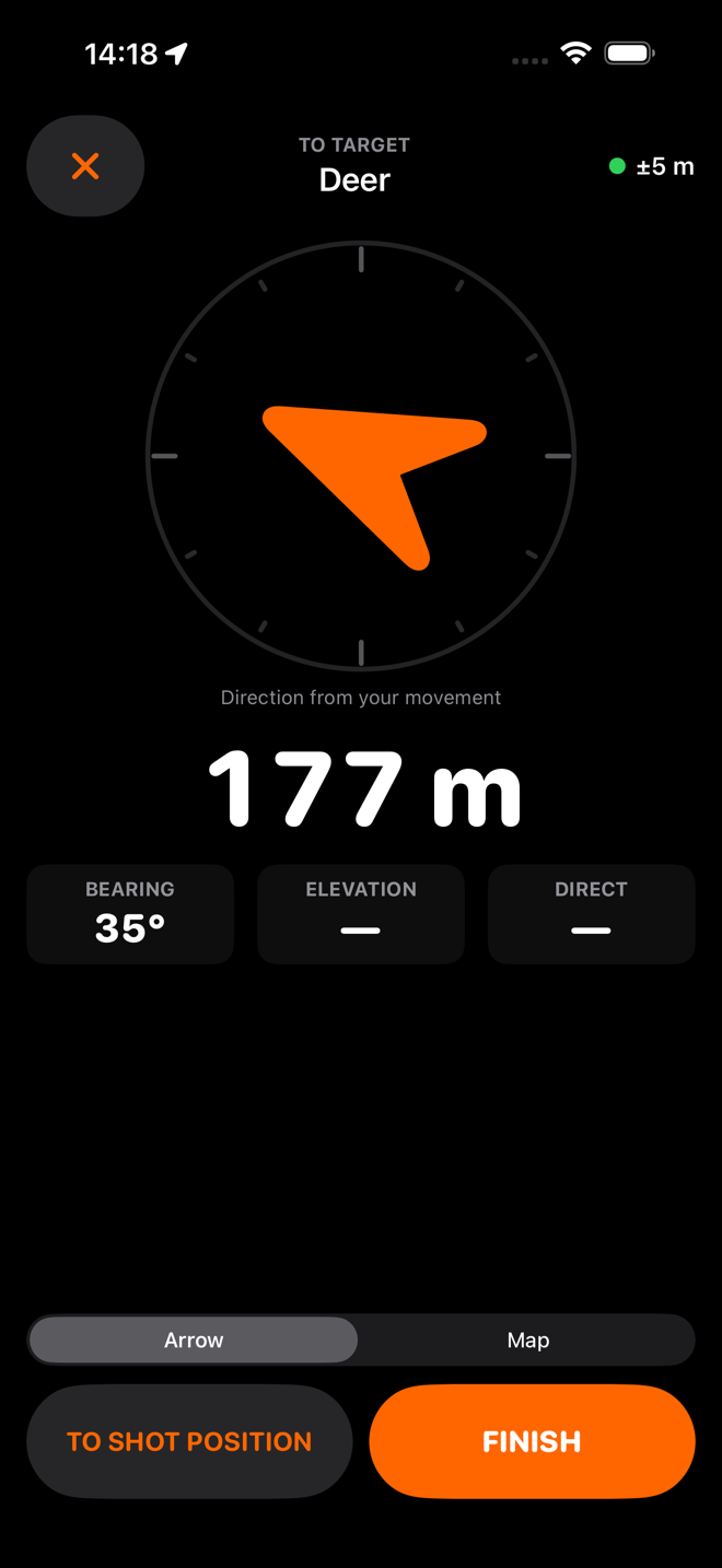 The navigation screen with an orange arrow, 176 m to target, and the note that direction is coming from your movement.