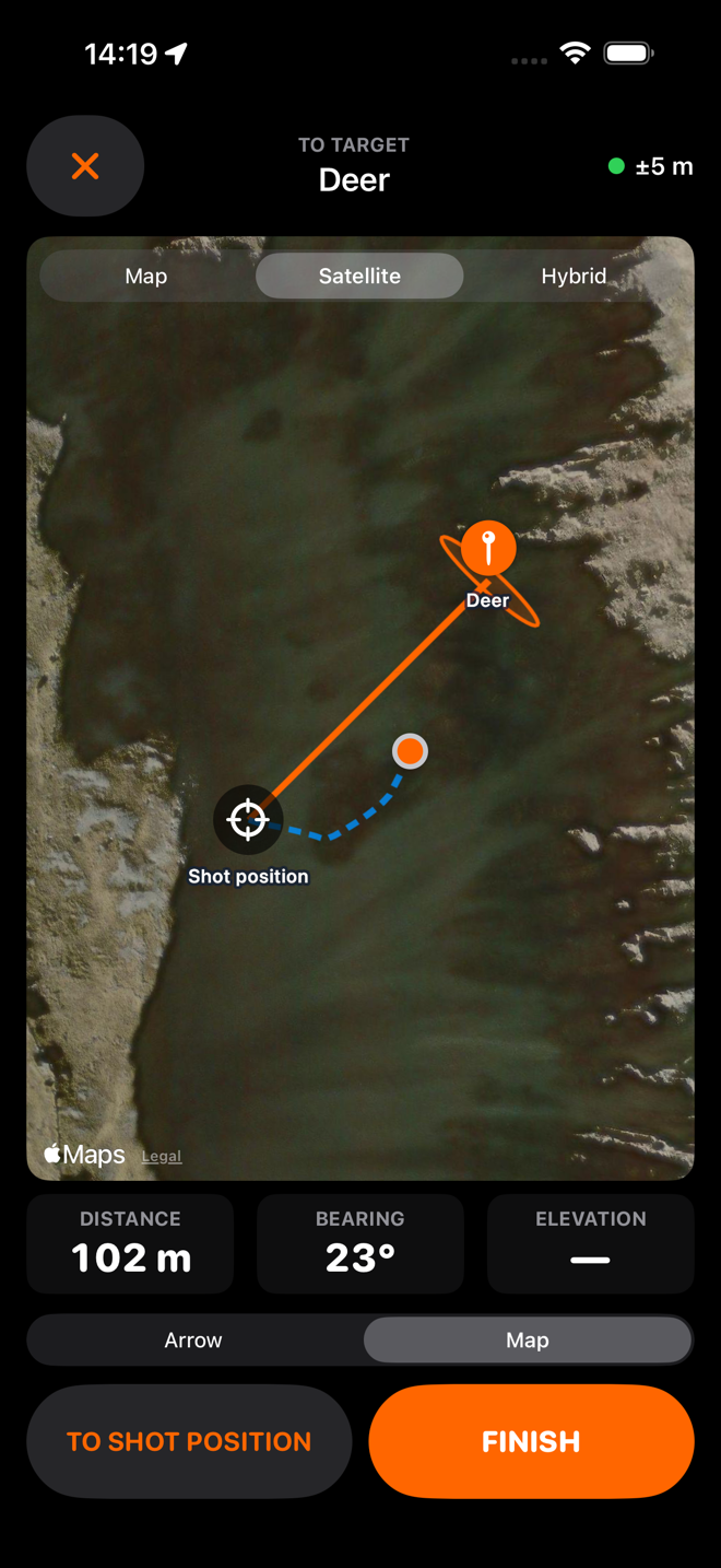 The navigation map, on satellite imagery, with the shot position, the breadcrumb trail walked so far, and the target inside its uncertainty ellipse.