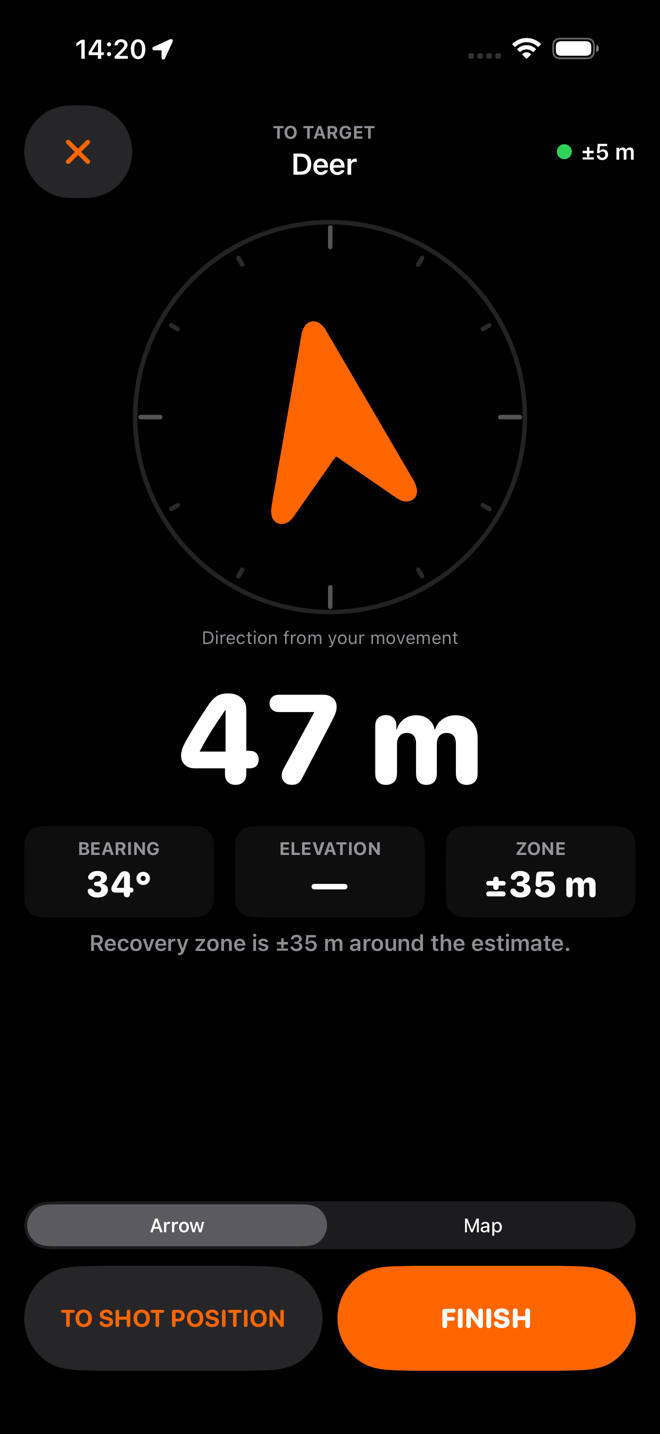 The navigation screen in near-target mode: 19 metres, a zone of plus or minus 35 metres, and a green line saying you are inside the estimated recovery zone, search from here.