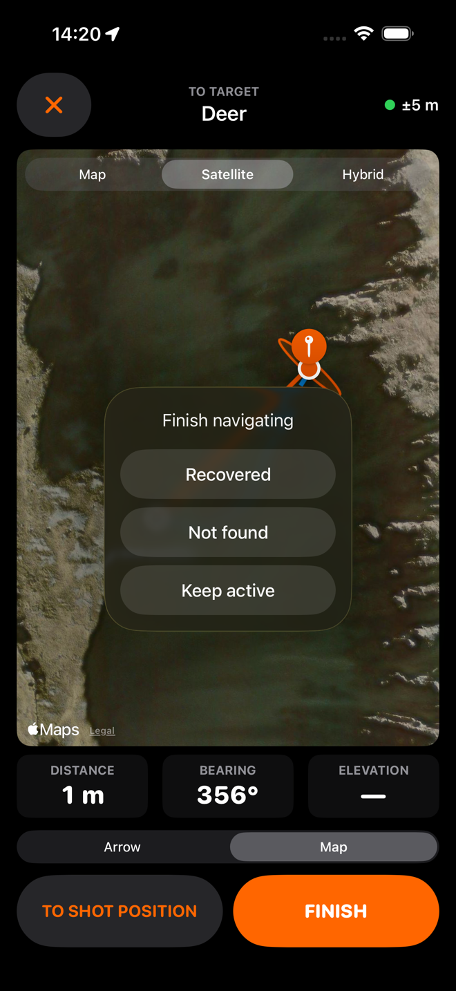 The navigation map with a Finish navigating sheet offering Recovered, Not found or Keep active.