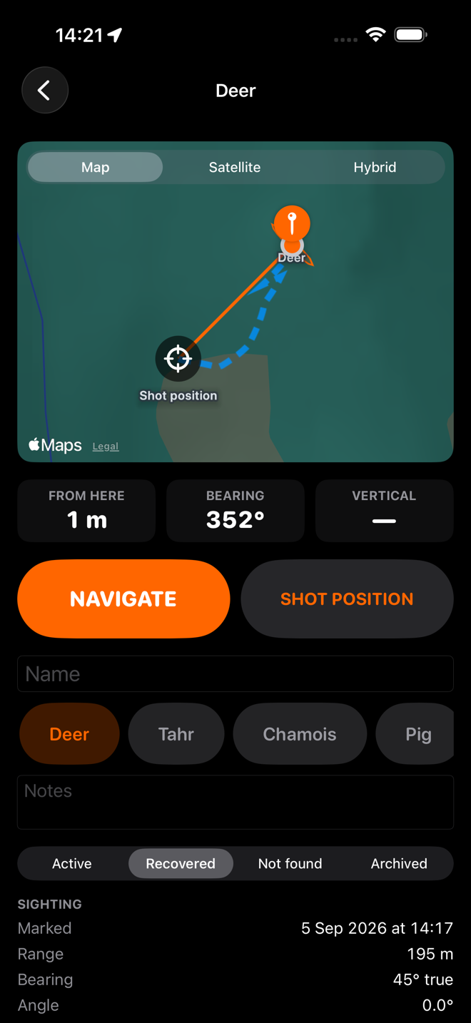The target detail screen for Deer: a map with the trail, tiles for distance from here, bearing and vertical, NAVIGATE and SHOT POSITION buttons, a name field, species labels and a status picker set to Recovered.