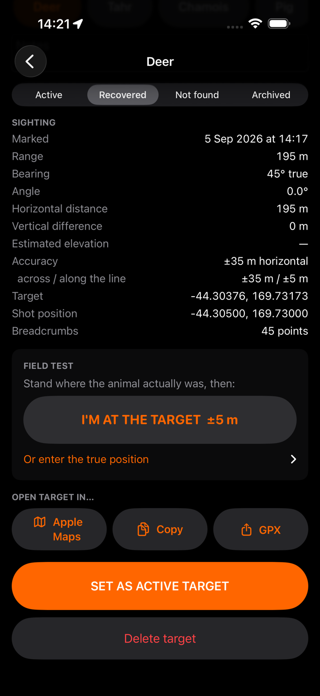 The lower half of the target detail screen: the sighting record with range, bearing, angle, distances, accuracy, both coordinates and 51 breadcrumb points, a field-test section with an I'm at the target button, and export options for Apple Maps, Copy and GPX.